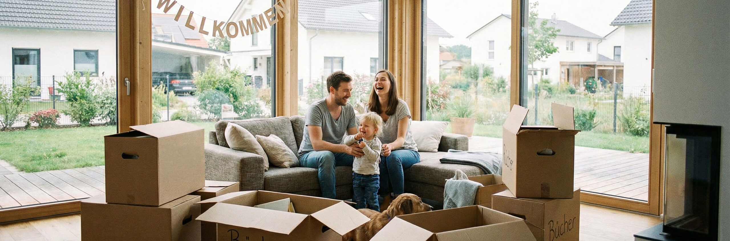 Familie im Wohnzimmer zwischen Umzugskartons im neuen Zuhause